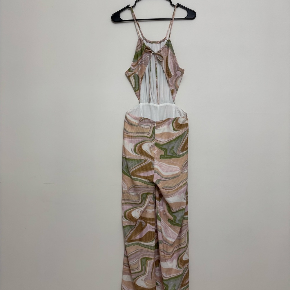 Lush Brown and Green Swirl Print Halter Open Back Jumpsuit in Strawberry Matcha - Picture 7 of 16